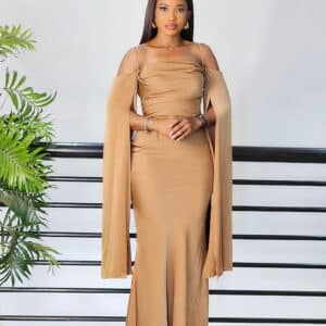 SATIN COLD SHOULDER SLIT DRESS