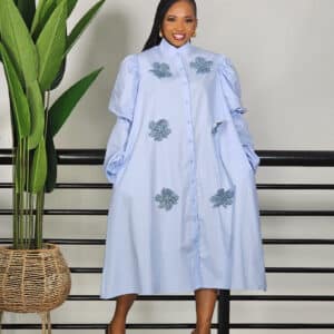 DENIM PATCH BUBBLE SLEEVE SHIRT DRESS