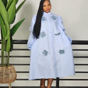DENIM PATCH BUBBLE SLEEVE SHIRT DRESS - Image 6