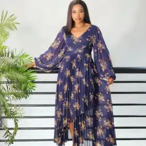 PLEATED ASYMMETRIC FLORAL DRESS