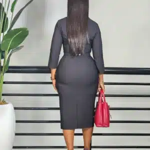 BOW NECK MIDI BELTED DRESS - Image 5