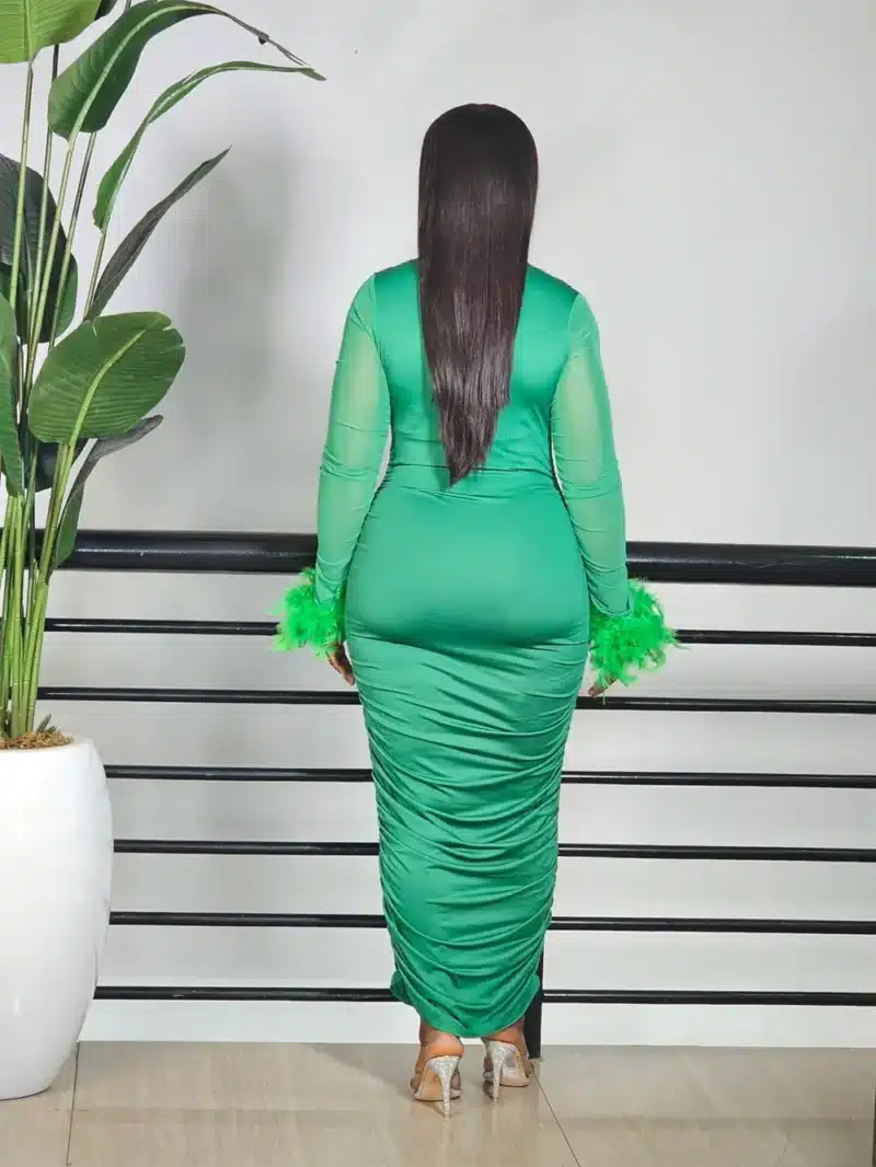 FEATHER DETAILED MESH SLEEVE RUCHED DRESS - Image 2