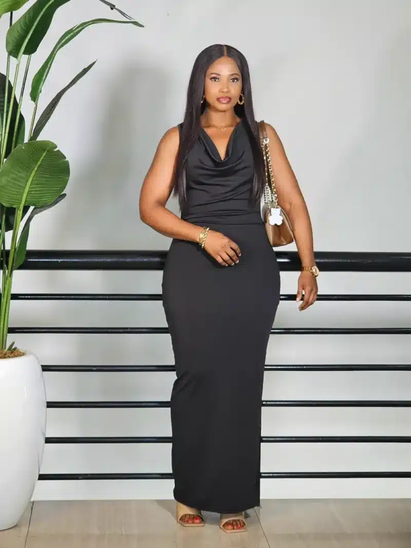 SLEEVELESS OPEN BACK COWL NECK BODYCON DRESS