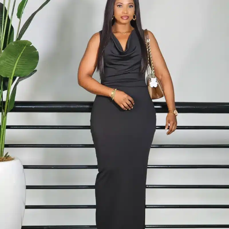SLEEVELESS OPEN BACK COWL NECK BODYCON DRESS