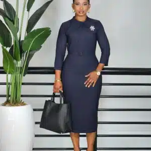 BOW NECK MIDI BELTED DRESS - Image 3