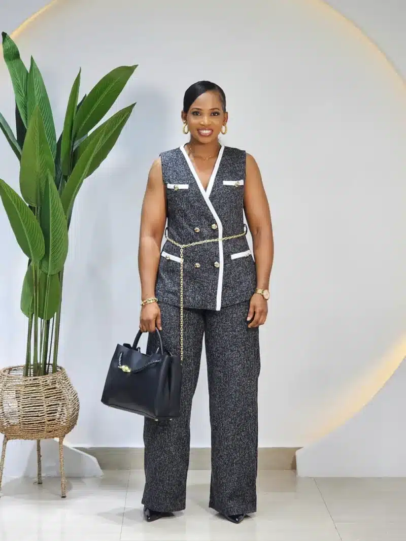 WHITE TRIM DOUBLE-BREASTED BUTTON JACKET & PANT SET