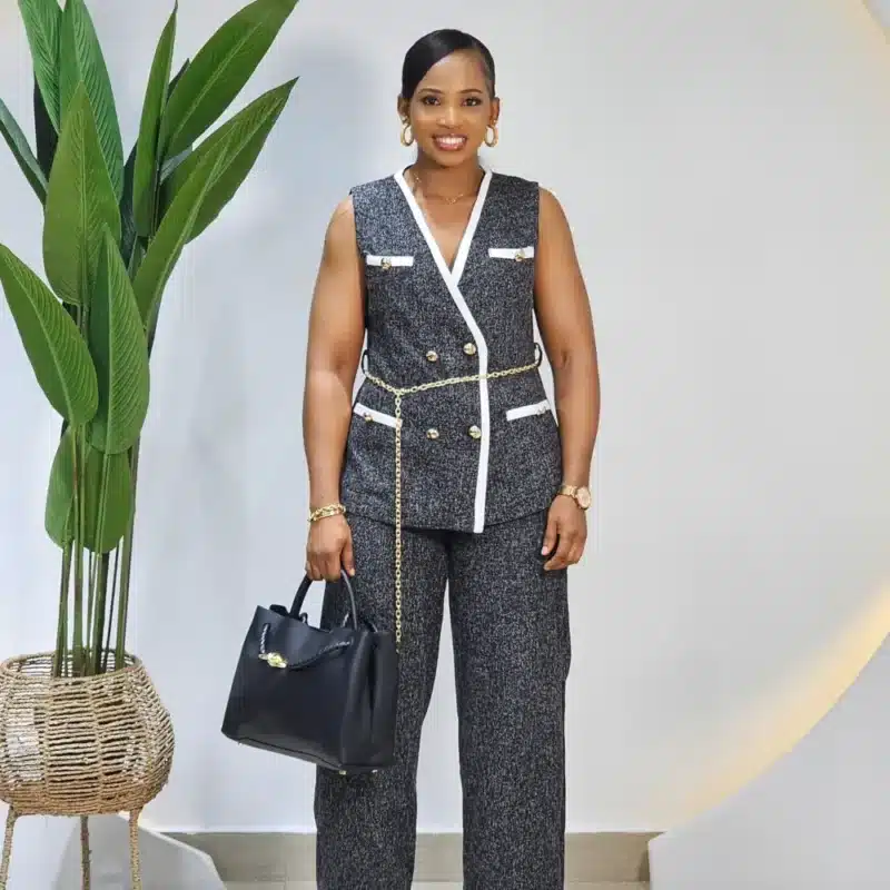 WHITE TRIM DOUBLE-BREASTED BUTTON JACKET & PANT SET