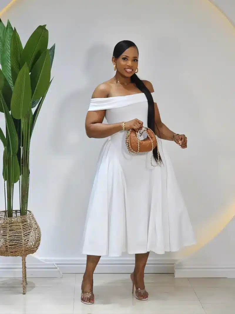 OFF SHOULDER DOUBLE SIDE HEM DRESS