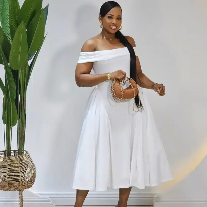 OFF SHOULDER DOUBLE SIDE HEM DRESS