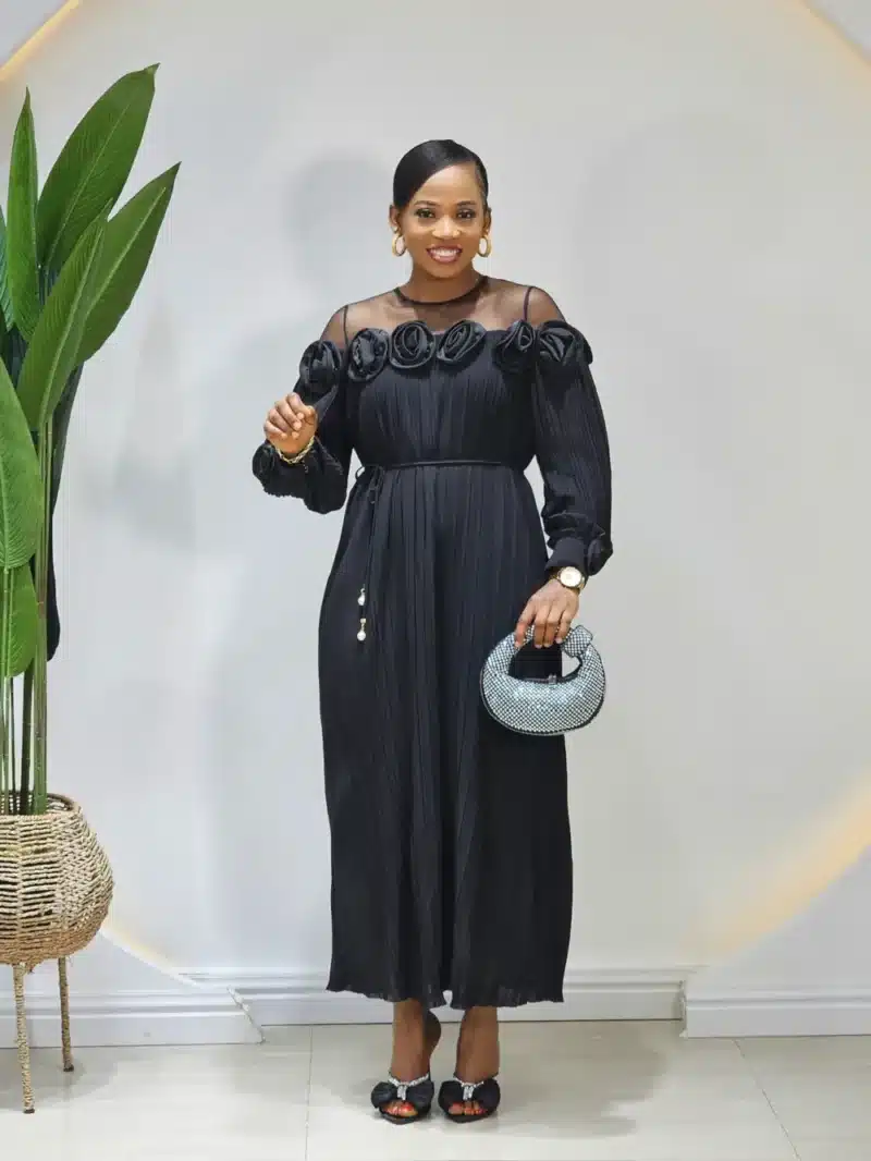 THIN PLEAT SHOULDER MESH DRESS