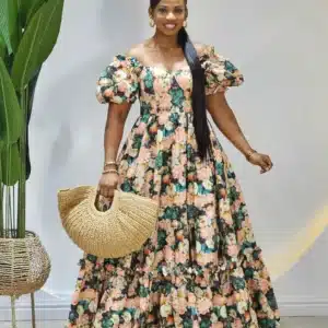 FLORAL PUFF SLEEVE HEM MAXI DRESS