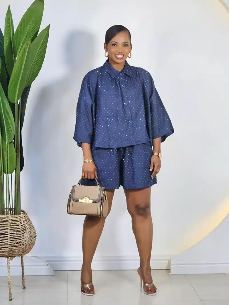 DENIM STUD SHIRT & SHORT SET