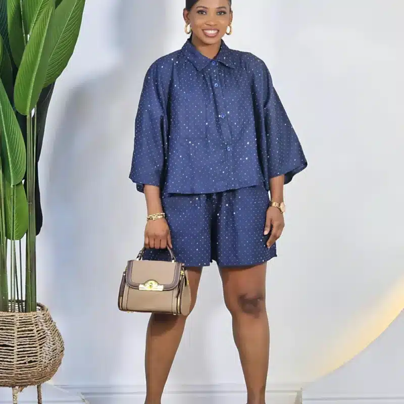 DENIM STUD SHIRT & SHORT SET