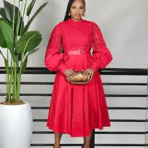 LACE INSERTED BUBBLE SLEEVE FLARE DRESS