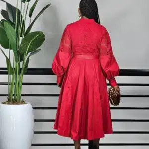 LACE INSERTED BUBBLE SLEEVE FLARE DRESS - Image 2