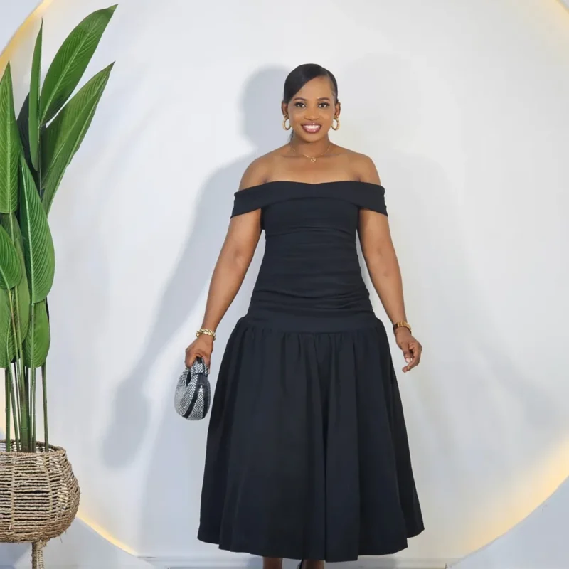 OFF SHOULDER FRONT RUFFLE HEM DRESS