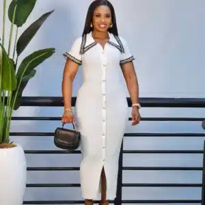 BUTTON DOWN PEARL DETAIL KNIT DRESS