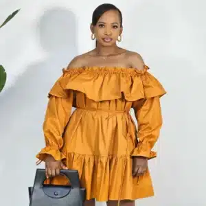 OFF SHOULDER FRONT RUFFLE HEM DRESS