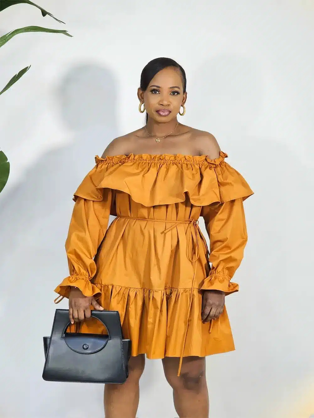 OFF SHOULDER FRONT RUFFLE HEM DRESS