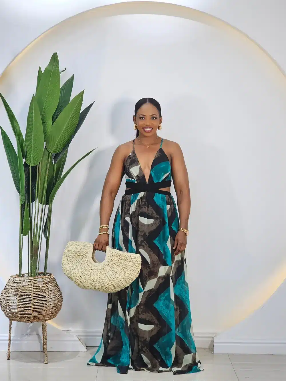 PATTERN PRINT CROSS BACK SLIT DRESS