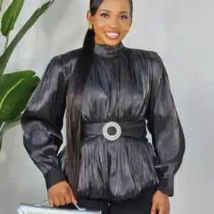 LONG SLEEVE BACK KNOT BUBBLE BROOCH TOP - Image 3