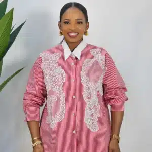 EMBROIDERY PEARL LACE HEM STRIPE SHIRT - Image 2