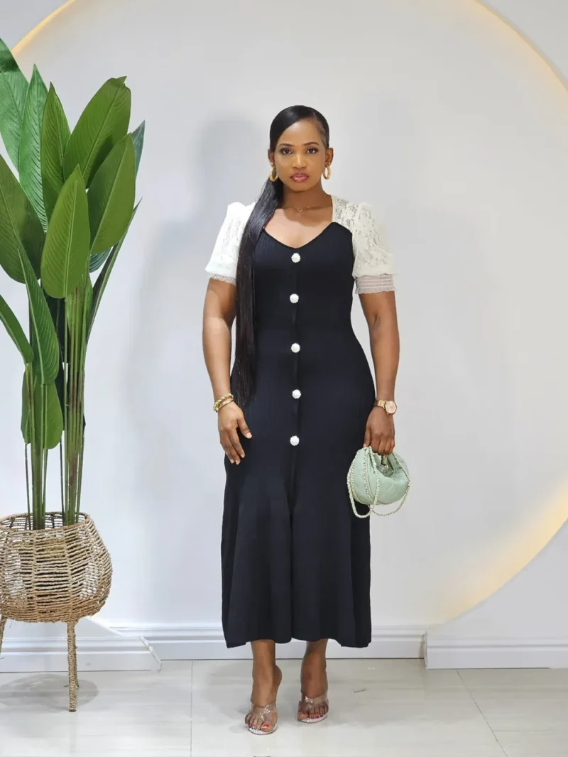 LACY PUFF SLEEVE KNIT MIDI DRESS