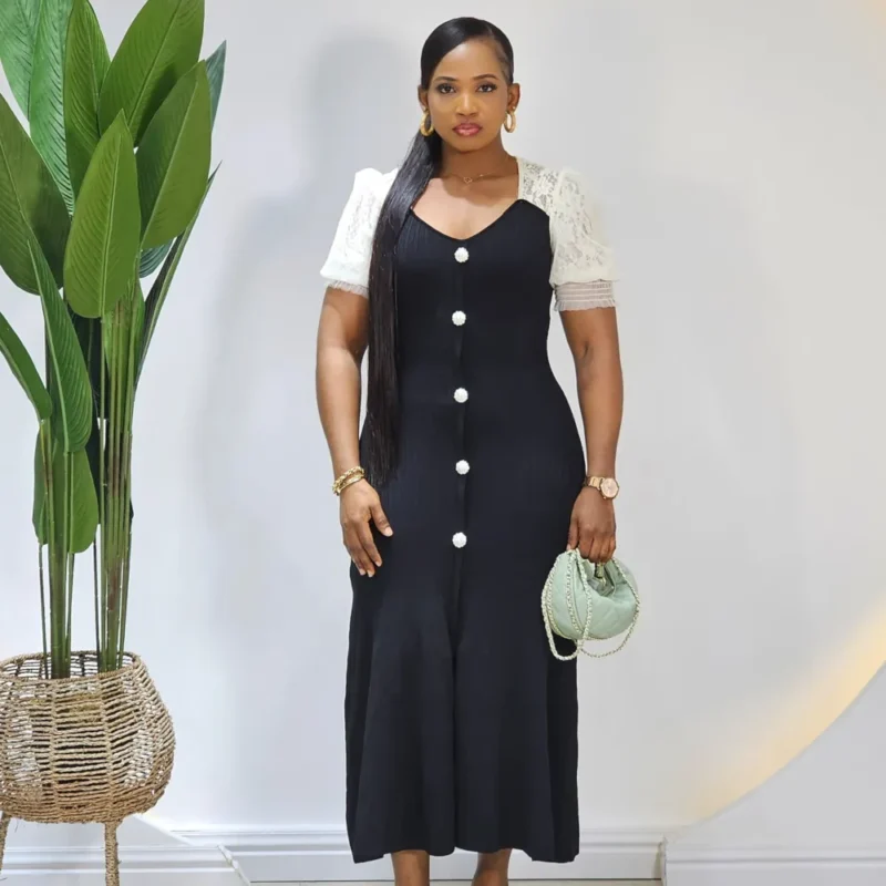 LACY PUFF SLEEVE KNIT MIDI DRESS