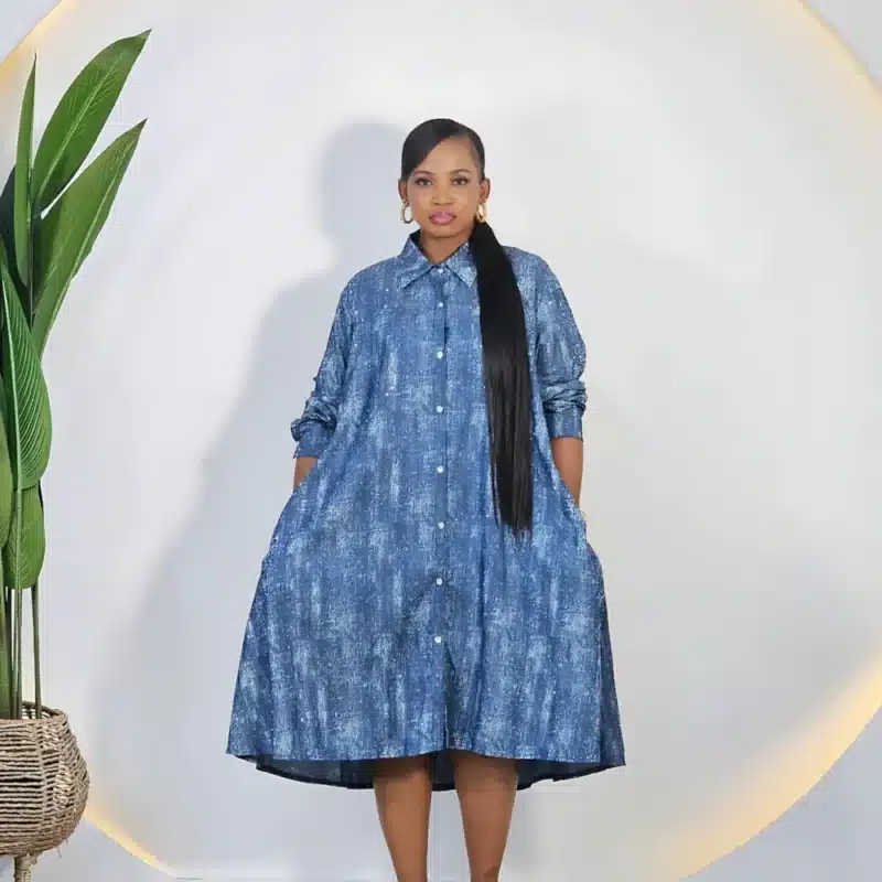 STUDDED SWING DENIM DRESS