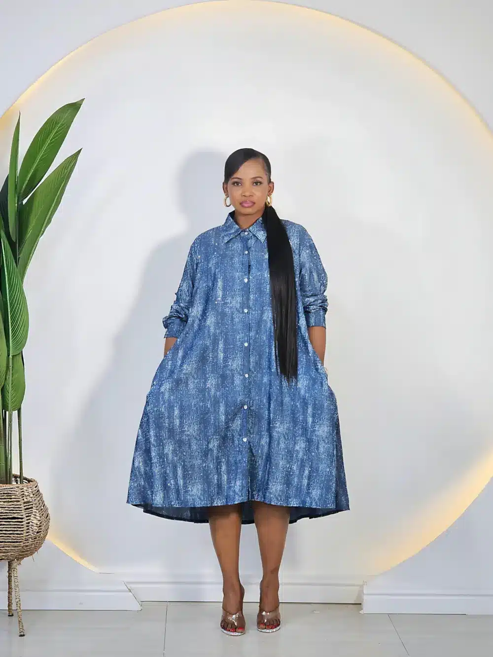 STUDDED SWING DENIM DRESS