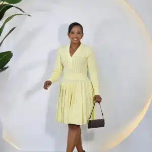 KNIT V-NECK LONG SLEEVE SKATER DRESS - Image 2