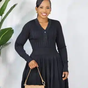 KNIT V-NECK LONG SLEEVE SKATER DRESS - Image 5