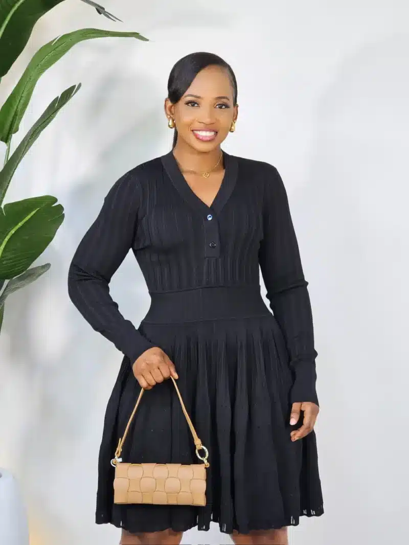 knee length dresses for ladies Elegant White Long-Sleeve Skater Dress M / US 6-8 / Deep V-Neck