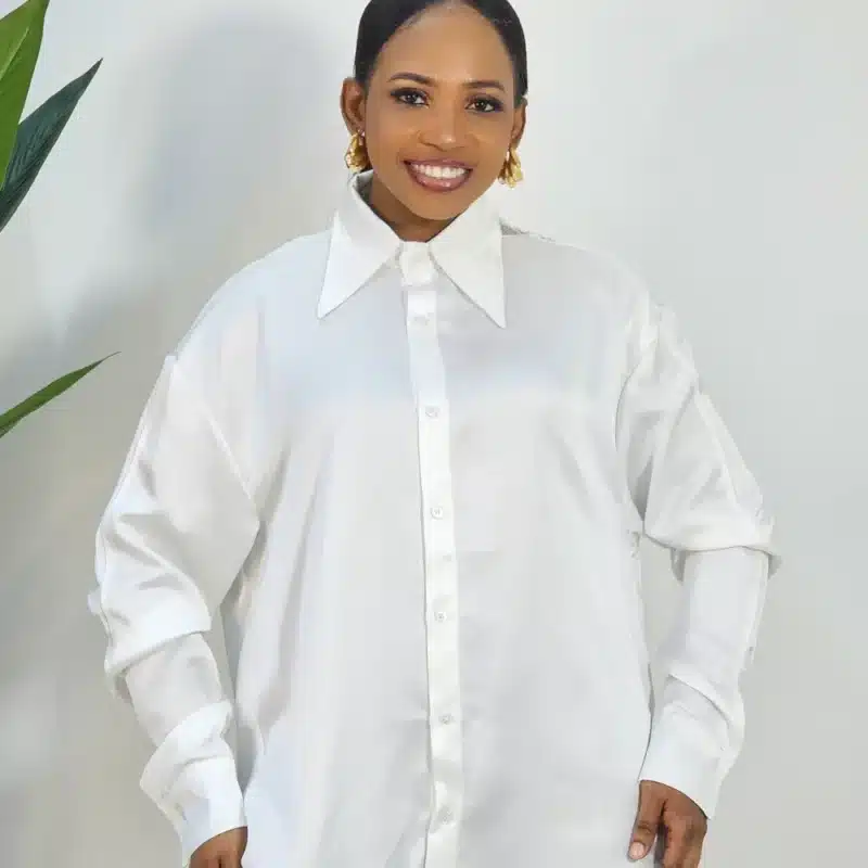 BACK LACE INSERTED SATIN SHIRT