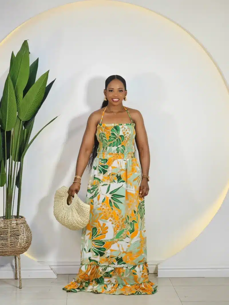 LEAF PRINT SMOKEY CHEST MAXI DRESS