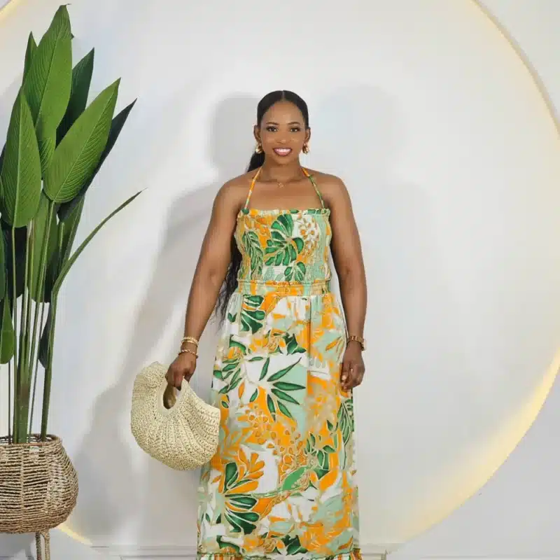 LEAF PRINT SMOKEY CHEST MAXI DRESS