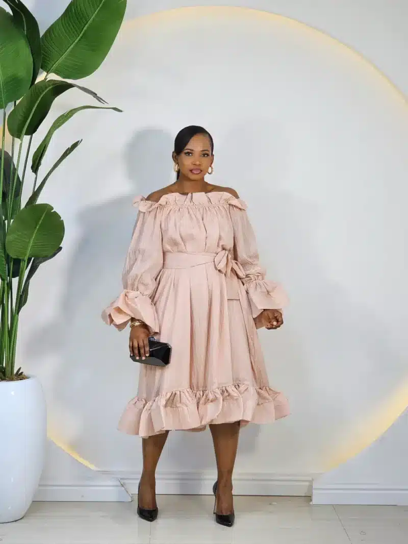 OFF SHOULDER SHIMMER HEM SWING DRESS