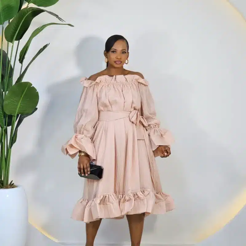 OFF SHOULDER SHIMMER HEM SWING DRESS