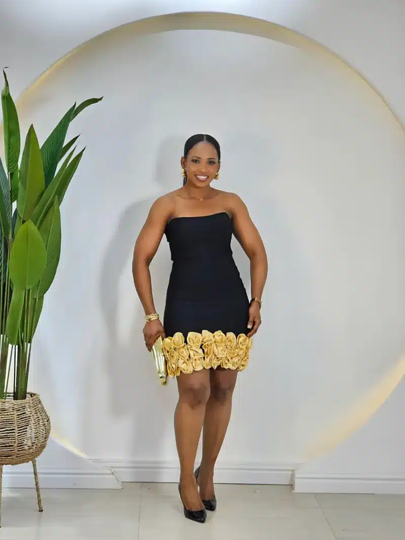BANDAGE TUBE MULTI ROSE HEM DRESS