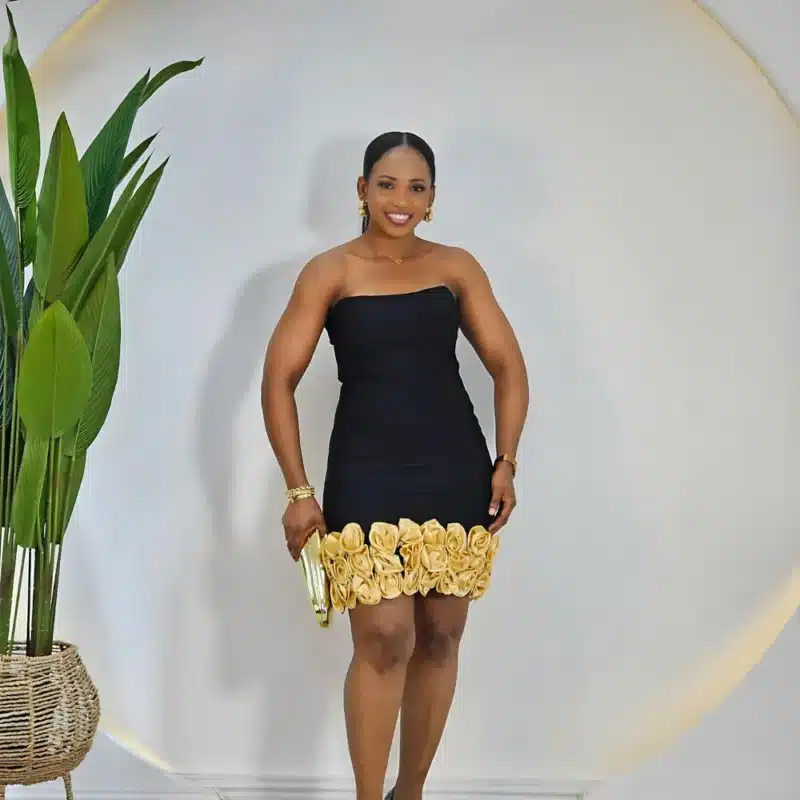 BANDAGE TUBE MULTI ROSE HEM DRESS