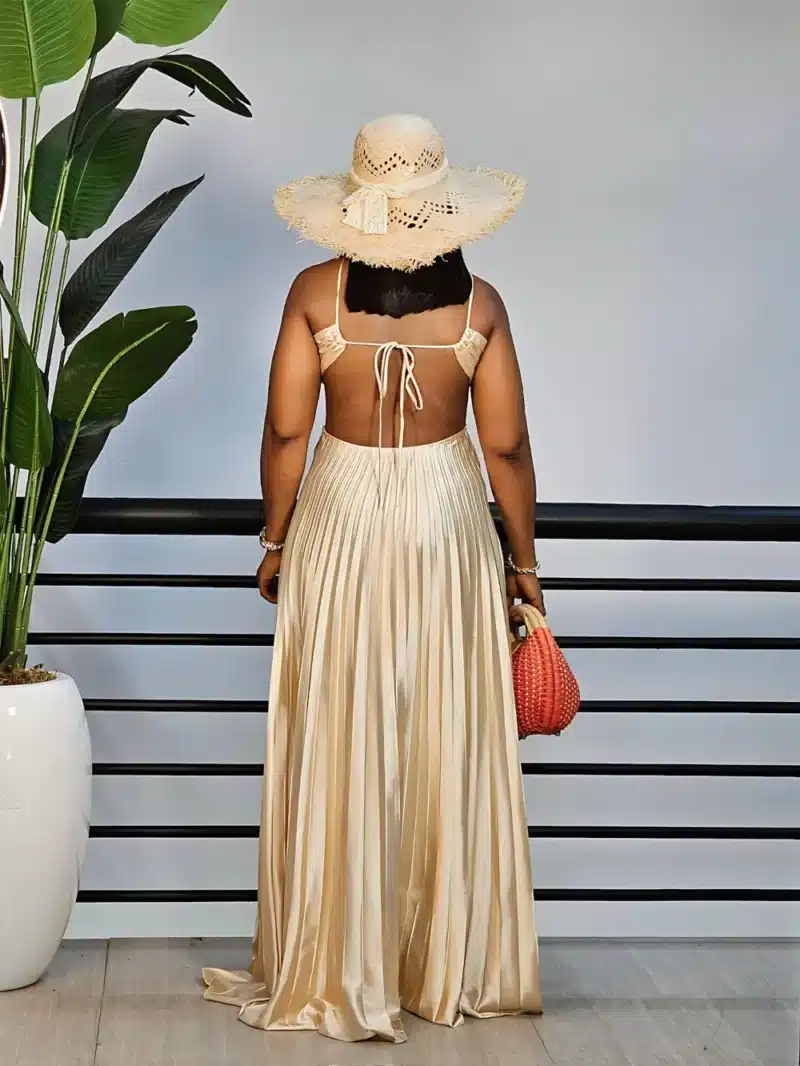 PLEATED HALTER NECK BACK KNOT DRESS - Image 6