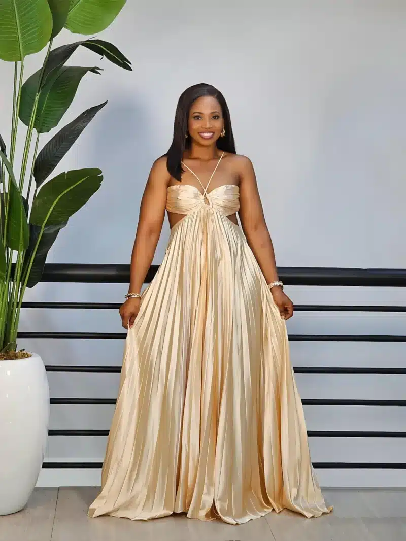 PLEATED HALTER NECK BACK KNOT DRESS - Image 3