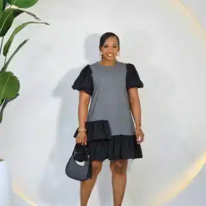 2 TONE PUFF SLEEVE HEM DRESS