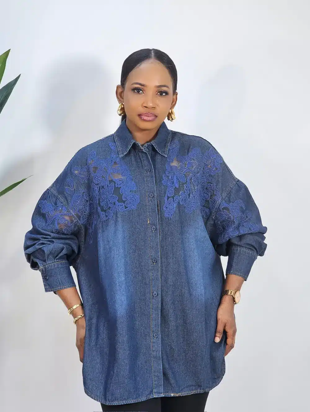 DENIM LACE INSERTED FRONT SHIRT 5807