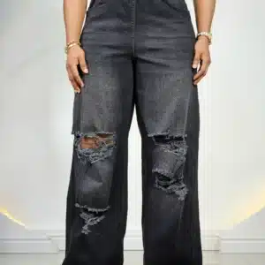 ELASTIC WAIST KNEE RIPPED PALAZZO MOM JEANS - Image 2