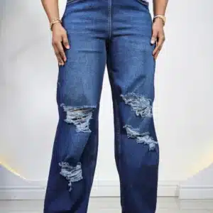 ELASTIC WAIST KNEE RIPPED PALAZZO MOM JEANS
