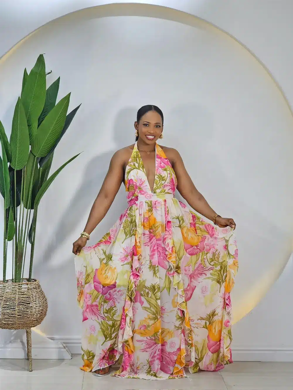 FLORAL RUFFLE HALTER NECK DRESS