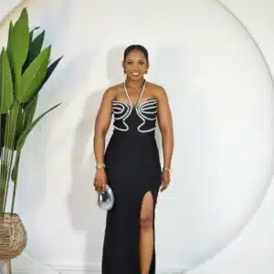 HALTER NECK SILVER SIDE KNOT SLIT DRESS - Image 2