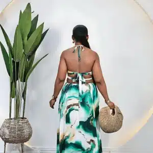 PATTERN DOUBLE THIGH SLIT HALTER NECK DRESS - Image 3