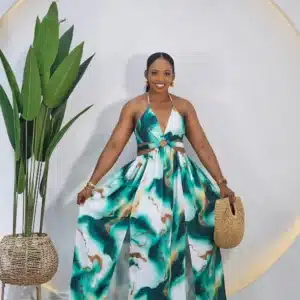 PATTERN DOUBLE THIGH SLIT HALTER NECK DRESS